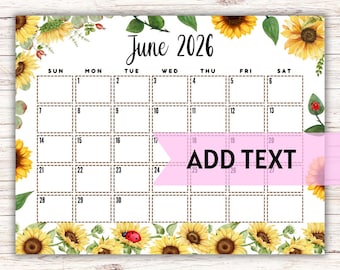 Calendario de junio de 2026 editable / Lindo calendario de junio con girasoles / Calendario mensual / Calendario rellenable / Calendario de verano / Calendario de pared 2026