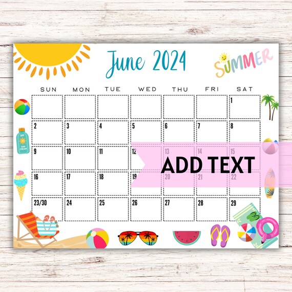 EDITABLE Printable June Calendar 2024 Beautiful Summer June Calendar W/  Sunglasses and Beach Balls Wall Calendar Fillable Calendar - Etsy