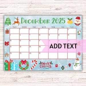 EDITABLE Printable December Calendar 2025 | Christmas Calendar W/ Santa & Gingerbread Man | Monthly Calendar | Family Wall Calendar