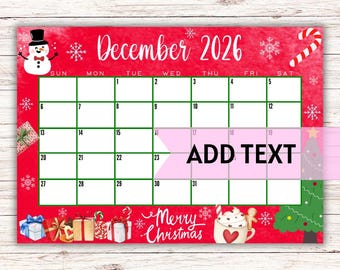 EDITABLE Printable December Calendar 2026 | Cute Christmas December Calendar W/ Christmas Tree | Holiday Calendar | December 2026 Calendar