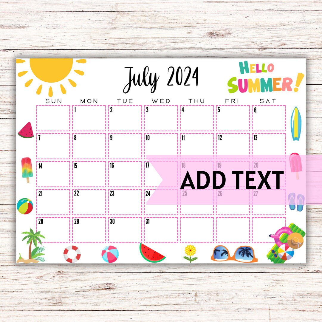 EDITABLE Printable July Calendar 2024 Cute July Calendar With Beach