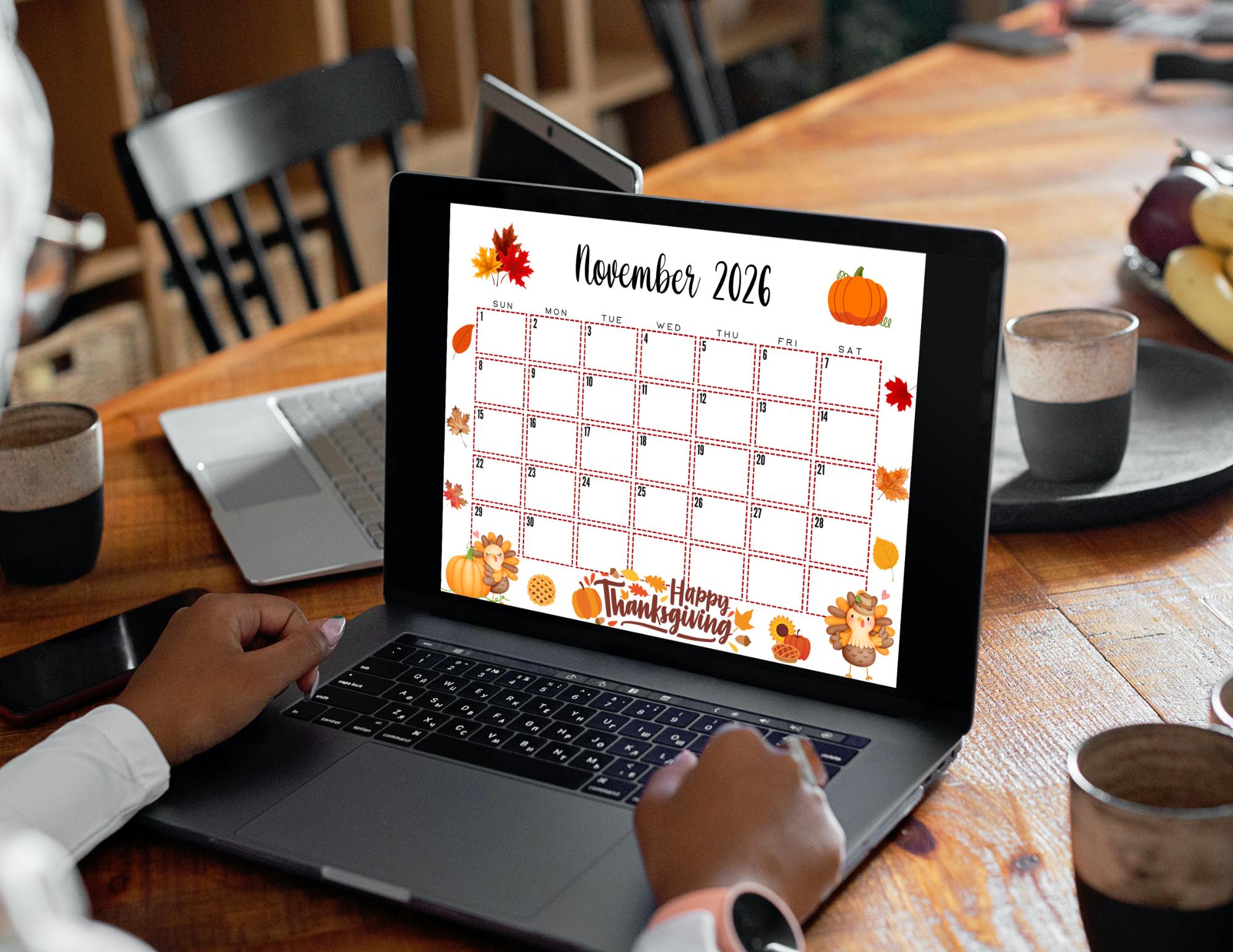 EDITABLE Printable November Calendar 2026 | Cute Turkey Thanksgiving ...
