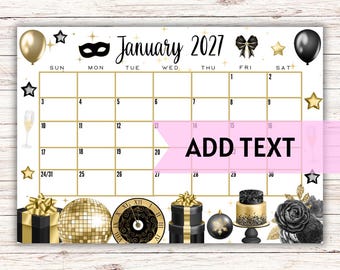 Calendario di gennaio 2027 modificabile e stampabile / Bellissimo calendario di Capodanno con palloncini oro e neri / Calendario delle festività / Calendario compilabile