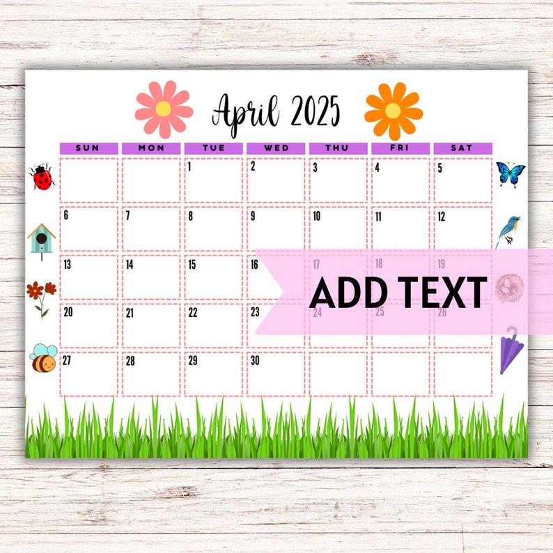 EDITABLE April Calendar 2025 | Printable Wall Calendar 2025 | Cute