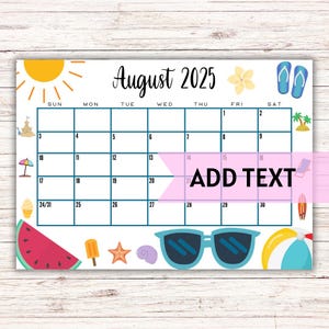EDITIERBAR Druckbarer August Kalender 2025 | Netter Sommer-Themenkalender mit Muscheln und Sonnenbrillen | Sommer Monatskalender | Befüllbar