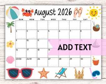 PRINTABLE August 2026 Calendar | Cute August 2026 Calendar W/ Sunglasses | Summer Calendar | Monthly Calendar | Editable Wall Calendar 2026