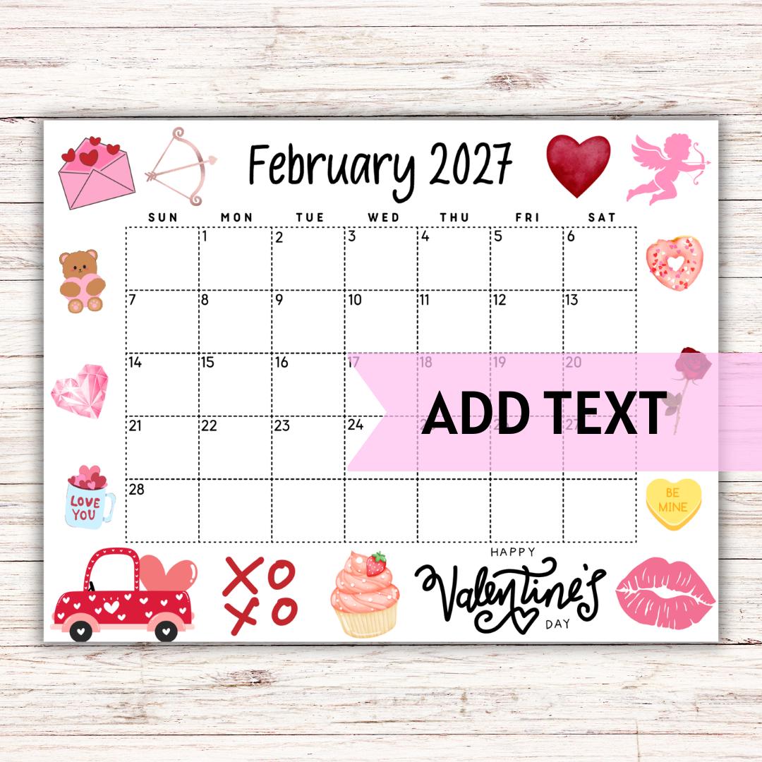 EDITABLE Printable February Calendar 2027 | Cute Valentine's Day Calendar W/ Teddy Bear | Monthly Calendar | Editable Wall Calendar 2027 - Etsy
