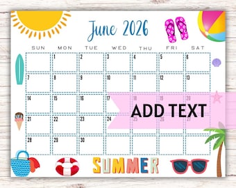 Calendario de junio de 2026 imprimible y editable / Lindo calendario de junio de verano con gafas de sol y palmeras / Calendario de pared / Calendario rellenable