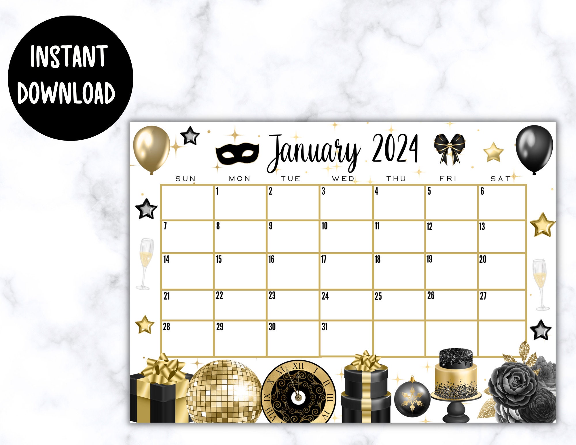 EDITABLE Printable January 2024 Calendar Beautiful New Year's Day