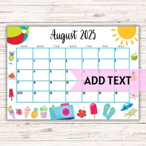 EDITIERBAR Druckbarer August Kalender 2025 | Niedlicher Sommer Unterlegter August Kalender | Klassenzimmer-Kalender | Kalender August 2025 | Befüllbarer Kalender