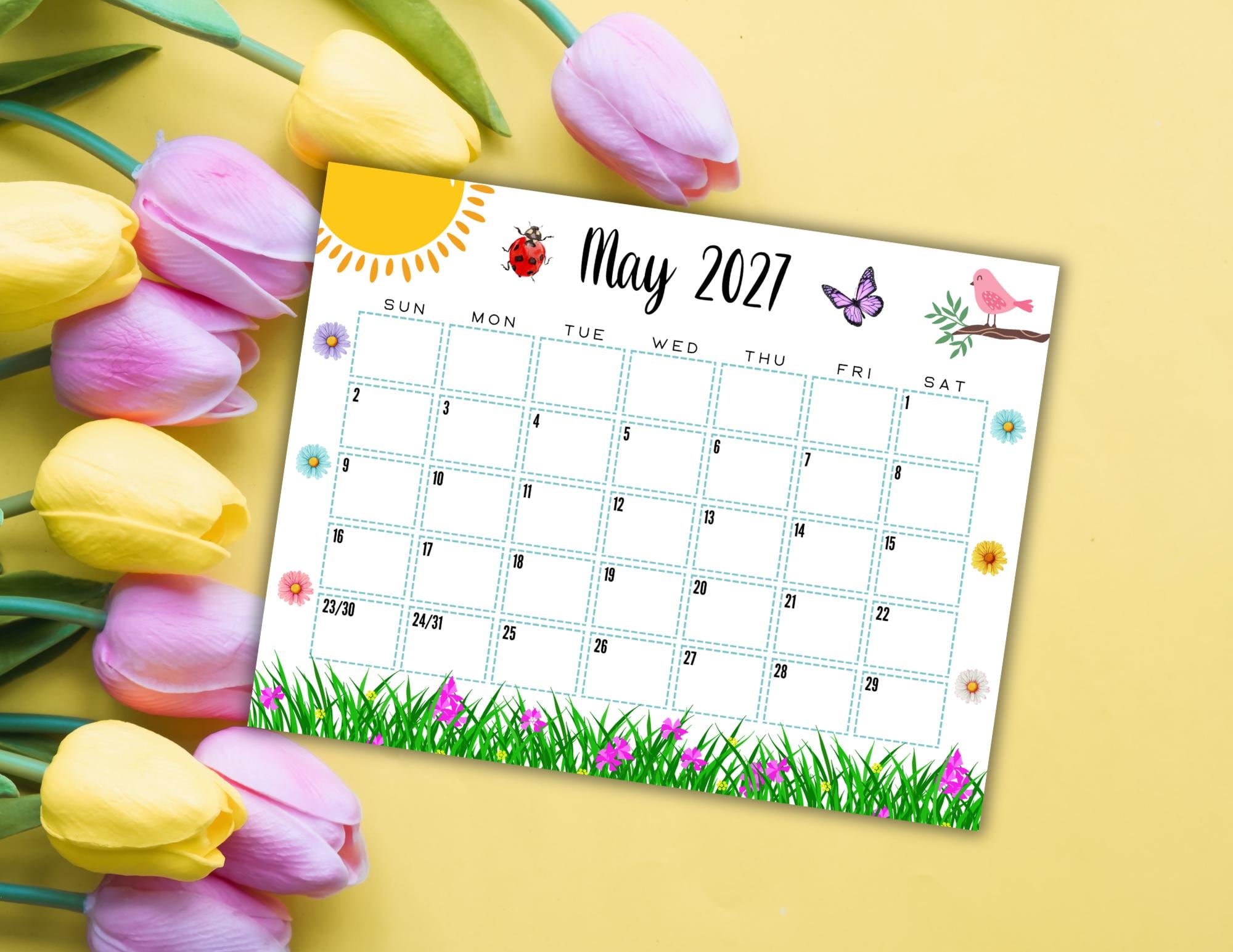 EDITABLE Printable May Calendar 2027 | Cute Spring May Calendar W/ Watercolor Daisies and Ladybug | Monthly Calendar | Fillable Calendar - Etsy