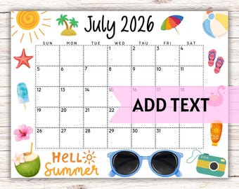 Calendario editable de julio de 2026 / Lindo calendario imprimible de julio con sombrilla de playa arcoíris / Horario familiar / Calendario mensual / Calendario de verano