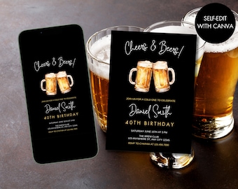 Editable Cheers and Beers Birthday Party Invitation | Editable 30th 40th 50th Birthday Invite | Adult Birthday Invite | Cheers and Beers
