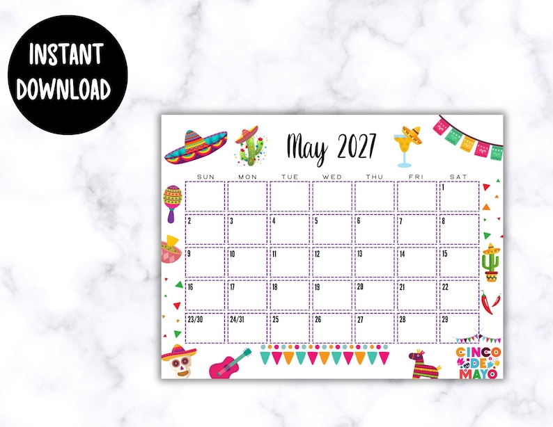 EDITABLE Printable May Calendar 2027 | Cinco De Mayo Themed Calendar | Classroom Calendar | Family Calendar | Monthly Calendar image 6