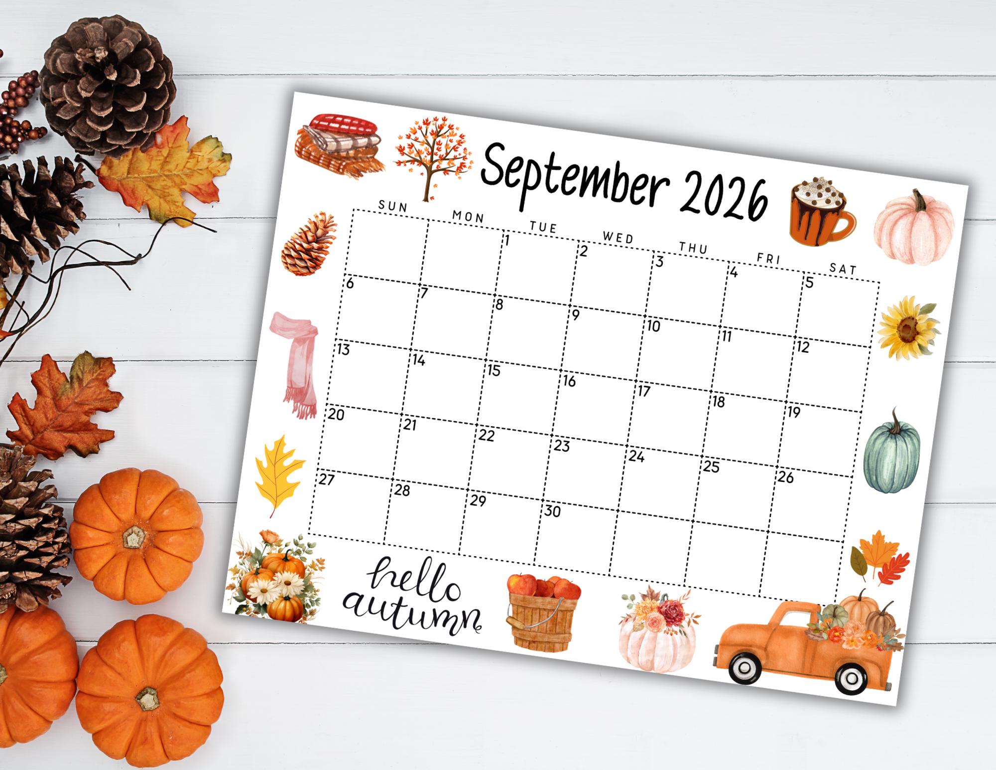 EDITABLE September Calendar 2026 | Cute Fall Calendar W/ Pumpkins ...