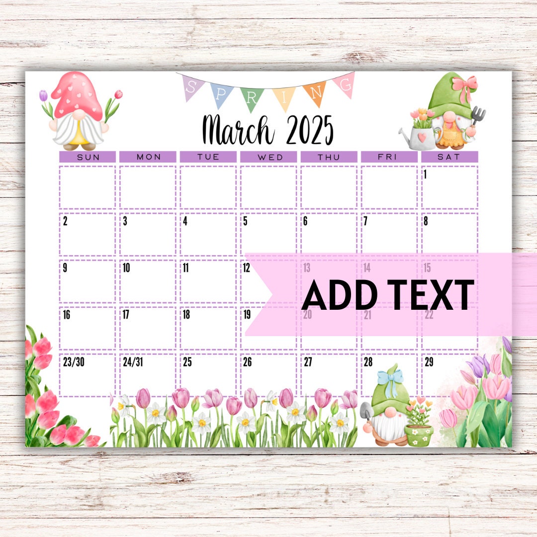 EDITABLE Printable March 2025 Calendar Watercolor Spring Gnomes Calendar Spring Themed Calendar