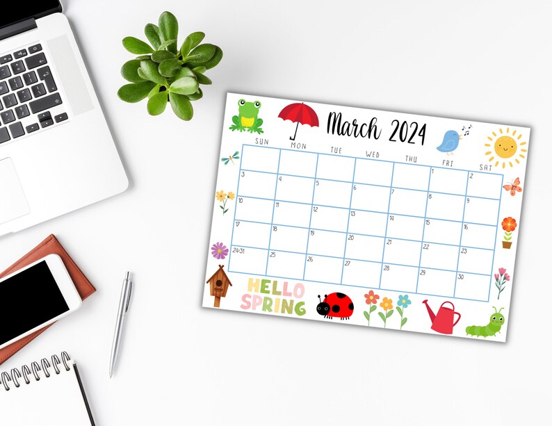 EDITABLE Printable March Calendar 2024 Spring Themed March 2024