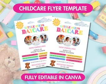 May include: Two flyers for a daycare, featuring the text "Little Steps Daycare" in colorful letters. The flyers include information about enrollment, ages 0-12, and a list of features. The flyers are surrounded by toys.