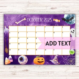 Calendario di ottobre 2025 stampabile MODIFICABILE / Calendario di Halloween / Bellissimo calendario di Halloween con acquerello viola e verde / Calendario per insegnanti