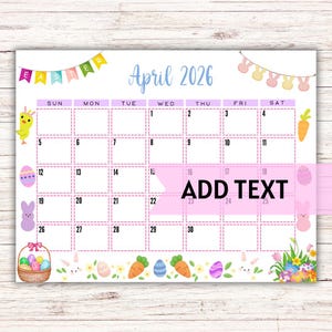 EDITABLE Printable April Calendar 2026 | Printable Wall Calendar 2026 | Cute Easter Calendar W/ Bunnies | Family Calendar | Monthly Calendar