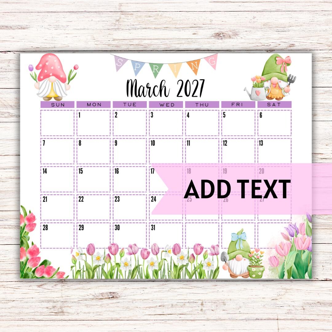 EDITABLE Printable March 2027 Calendar | Watercolor Spring Gnomes ...