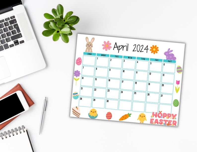 EDITABLE Printable April Calendar 2024 Cute Easter Calendar Etsy