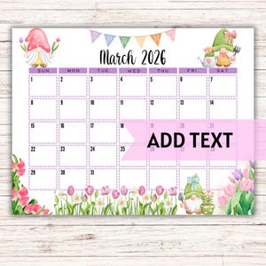 EDITABLE Printable March 2026 Calendar | Watercolor Spring Gnomes Calendar | Spring Themed Calendar | Fillable Calendar | Classroom Calendar