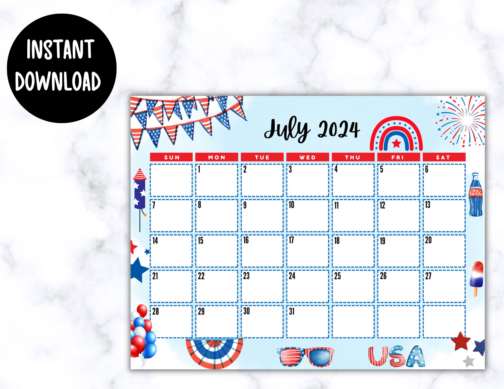 EDITABLE Printable July Calendar 2024 Cute 4th of July Calendar Family