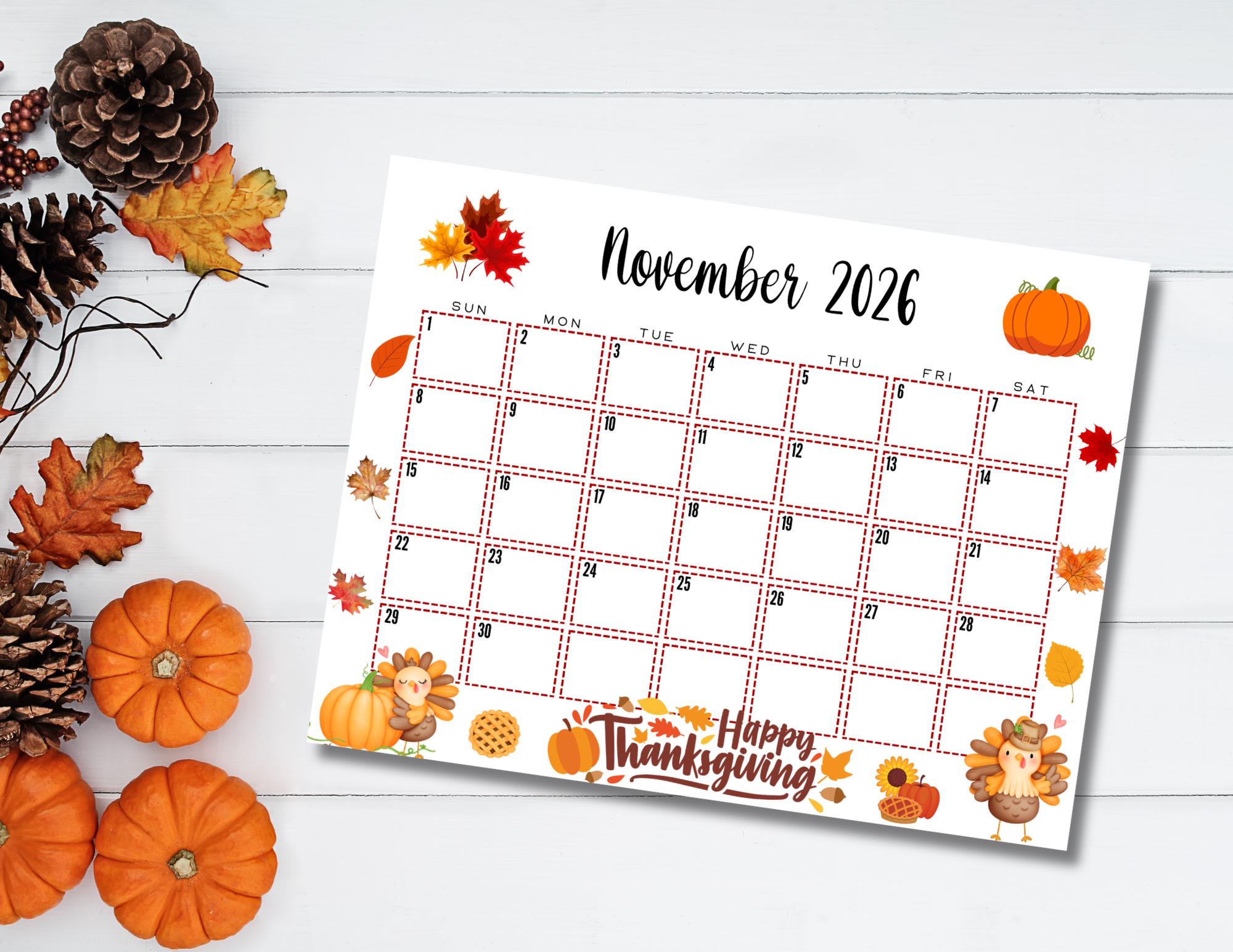 EDITABLE Printable November Calendar 2026 | Cute Turkey Thanksgiving ...