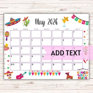 EDITIERBAR Druckbarer Mai Kalender 2026 | Cinco De Mayo Themenkalender | Klassenzimmer-Kalender | Familienkalender | Monatskalender