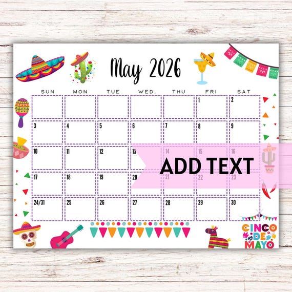 EDITABLE Printable May Calendar 2026 | Cinco De Mayo Themed Calendar | Classroom Calendar | Family Calendar | Monthly Calendar