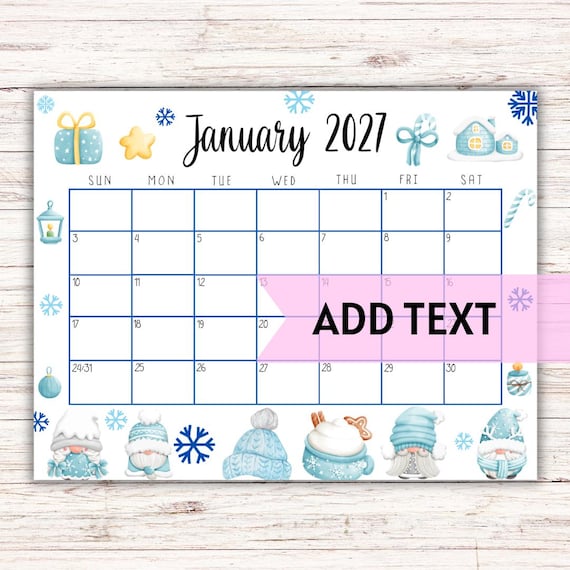 EDITABLE Printable January Calendar 2027  Fillable - Etsy