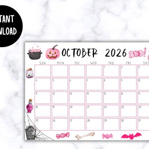 Calendario de octubre de 2026 imprimible y editable / Calendario de Halloween rosa, lindo y espeluznante / Calendario de octubre con temática de Halloween rosa / Calendario mensual imagen 6