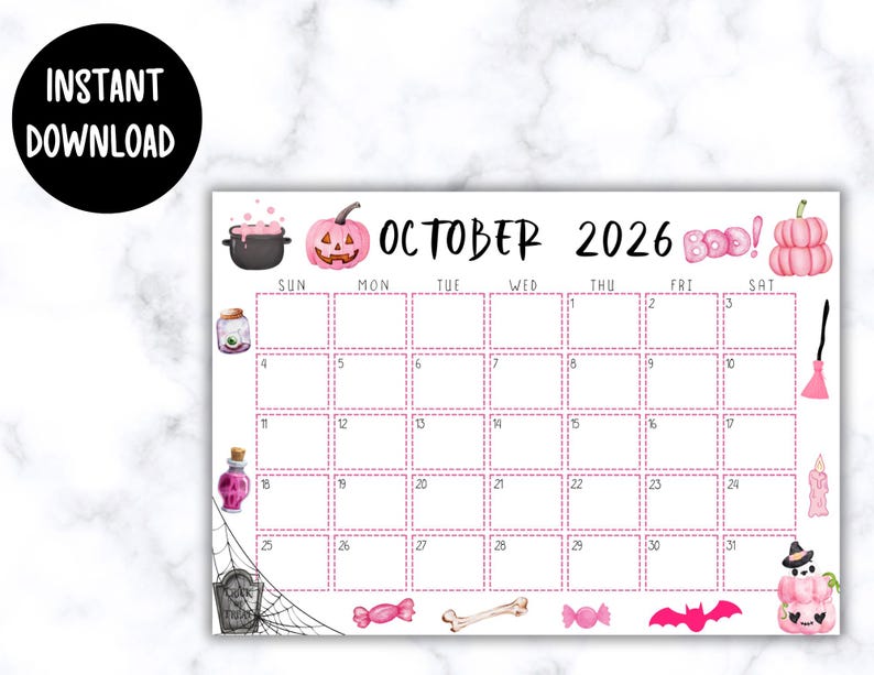 Calendario de octubre de 2026 imprimible y editable / Calendario de Halloween rosa, lindo y espeluznante / Calendario de octubre con temática de Halloween rosa / Calendario mensual imagen 6