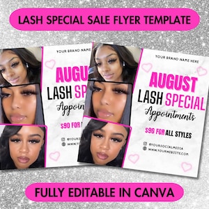 Flyer d&#39;août modifiable | Circulaire promotionnelle sur les cils | circulaire du mois d&#39;août | Flyer esthéticienne Lash | Flyer Nails Braids de MUA