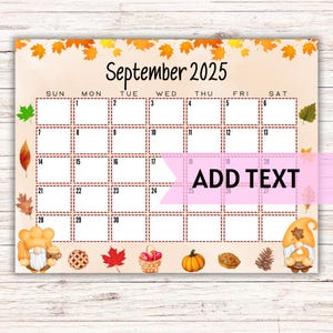 EDITABLE Printable September Calendar 2025 | Cute Gnome Fall Calendar W/ Fall Leaves and Fall Treats | Monthly Calendar | Fillable Calendar