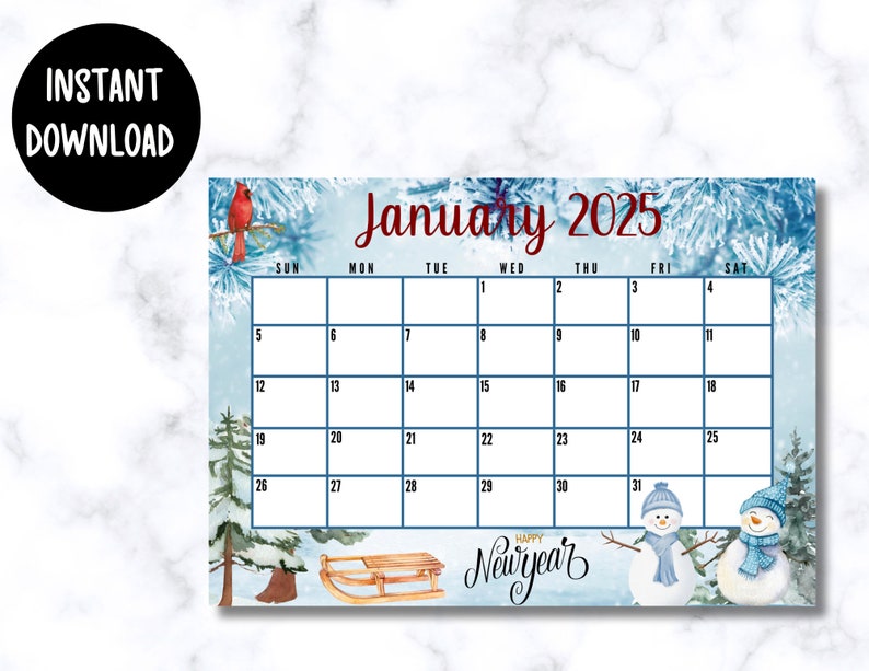 EDITABLE Imprimible Calendario Enero 2025 / Hermosa Escena de Invierno