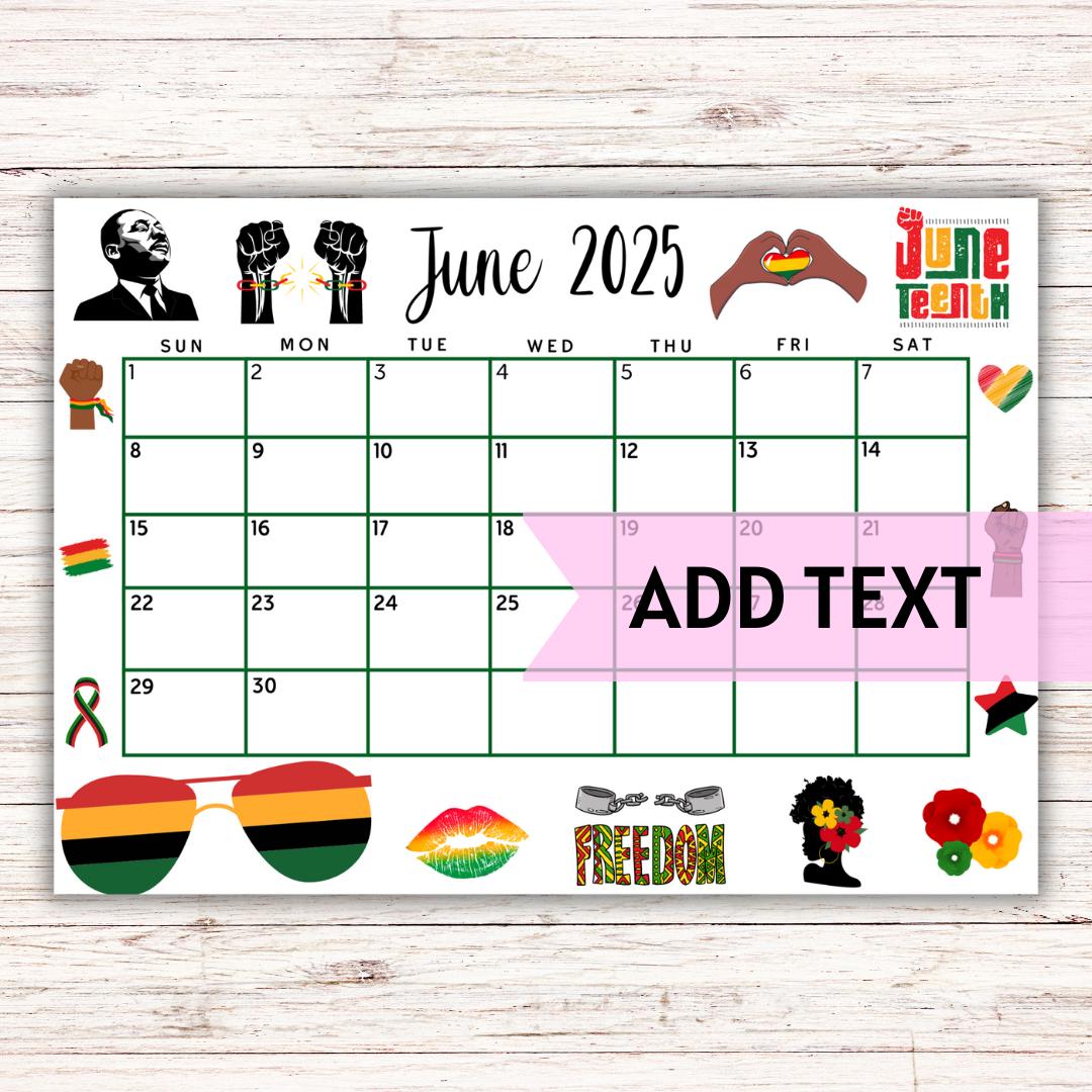 EDITABLE Printable June Calendar 2025 | Juneteenth Calendar | Black History Calendar | June Planner | Classroom Calendar | Fillable Calendar