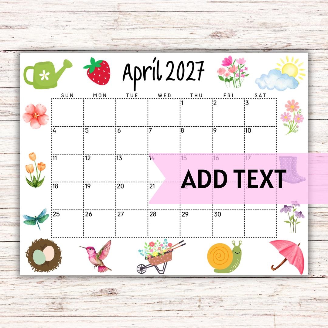 EDITABLE April Calendar 2027 | Printable Wall Calendar 2027 | Cute ...