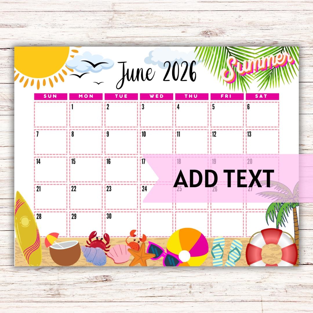 EDITABLE Printable June Calendar 2026 | Beach Themed Calendar W/ Sea ...