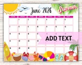 EDITABLE Printable June Calendar 2026 | Beach Themed Calendar W/ Sea Shells and Palm Trees | Summer Monthly Calendar | Fillable Calendar