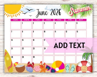 Calendario de junio de 2026 imprimible y editable / Calendario de playa con conchas y palmeras / Calendario mensual de verano / Calendario rellenable