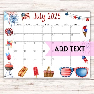EDITABLE Printable July Calendar 2025 | Cute 4th of July Calendar W/ Fireworks | Family Calendar | Monthly Calendar | Classroom Calendar