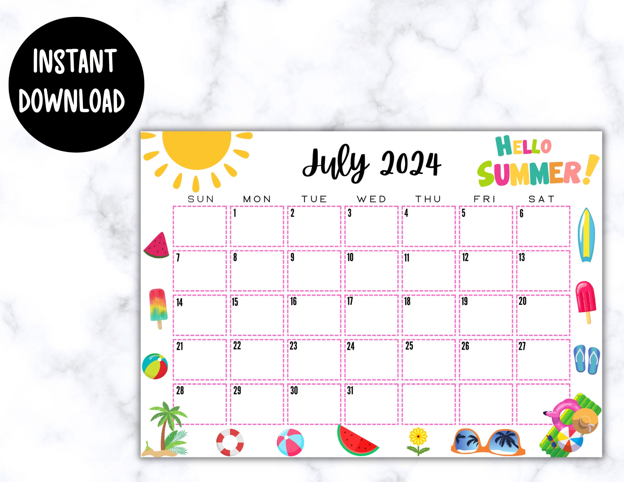 EDITABLE Printable July Calendar 2024 Cute July Calendar - Etsy