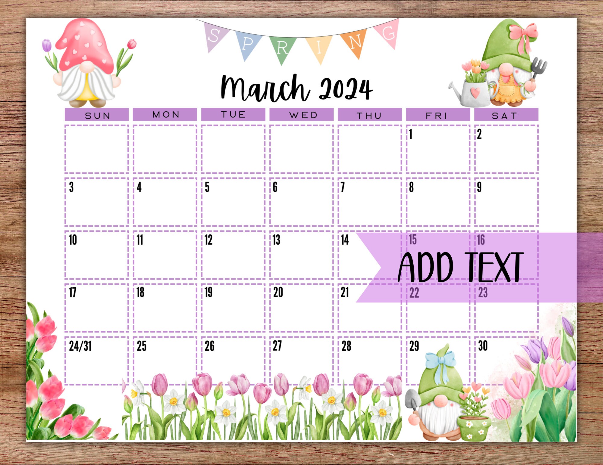 EDITABLE Printable March Calendar 2024 Watercolor Spring Etsy