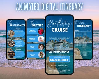 Pode incluir: Um itinerário digital para um cruzeiro de aniversário em Miami, Flórida. O itinerário inclui detalhes sobre restaurantes, roupas e a programação dos eventos. O cruzeiro é para celebrar um aniversário de 25 anos. O texto no itinerário diz "Junte-se a nós em um cruzeiro de aniversário para homenagear o 25º aniversário de Emily Smith. Vamos para Miami, Flórida. De 13 a 15 de dezembro de 2024. RSVP por texto para Ashley 123.456.7890 até 5 de dezembro."