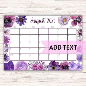 EDITABLE Printable August Calendar 2025 | Beautiful August Calendar w/ Purple Watercolor Flowers | August 2025 Calendar | Fillable Calendar