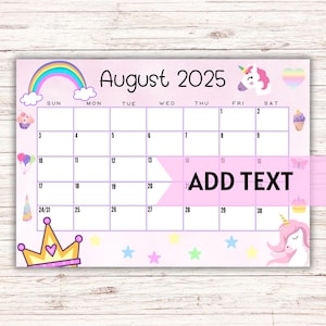 EDITABLE Printable August Calendar 2025 | Kid&#39;s Calendar | Preschool Calendar | Cute Unicorn August 2025 Calendar | Fillable Calendar