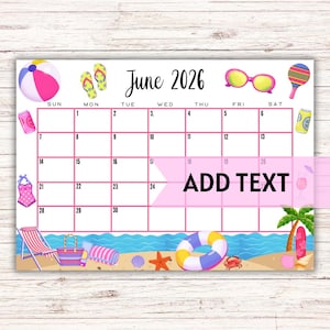 EDITABLE Printable June Calendar 2026 | Beautiful Hot Pink Beach Themed June Calendar W/ Sunglasses and Sea Shells | Fillable Calendar