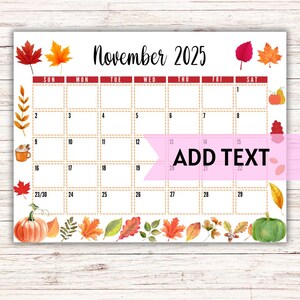 Calendario di novembre 2025 stampabile MODIFICABILE / Bellissimo calendario autunnale di novembre con zucche e foglie autunnali / Calendario da parete 2025 / Compilabile
